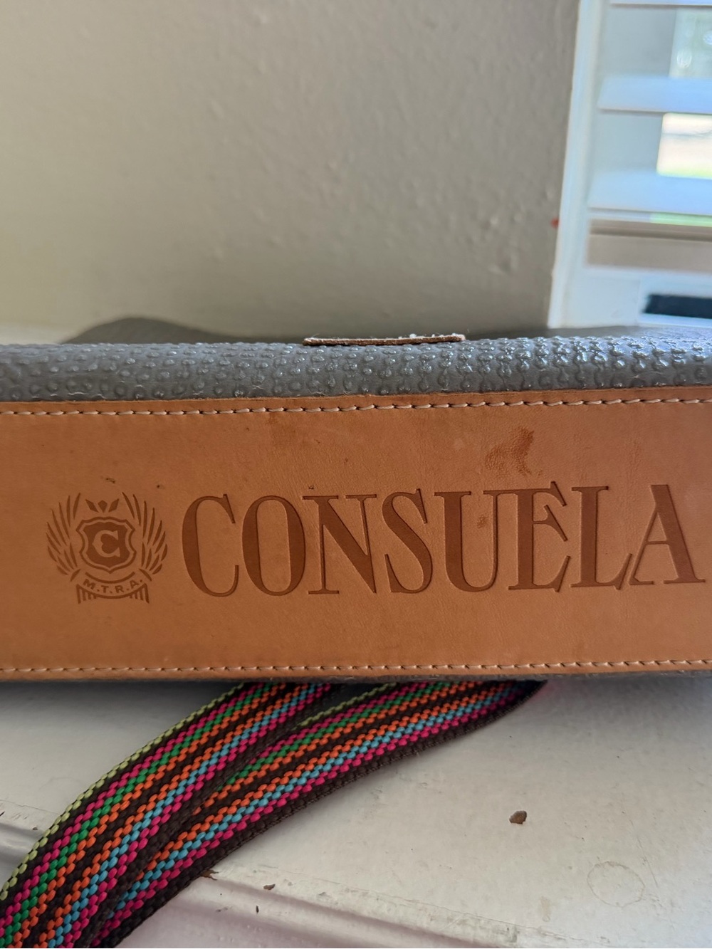 Taupe Leather Crossbody Bag with Colorful Woven Strap - Picture 9 of 13